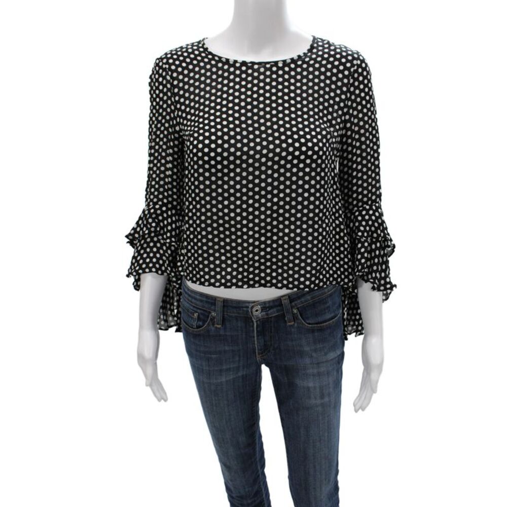 Milly Women Cropped Black Silk Polka Dot Blouse 3/4 Sleeve Button Size 2